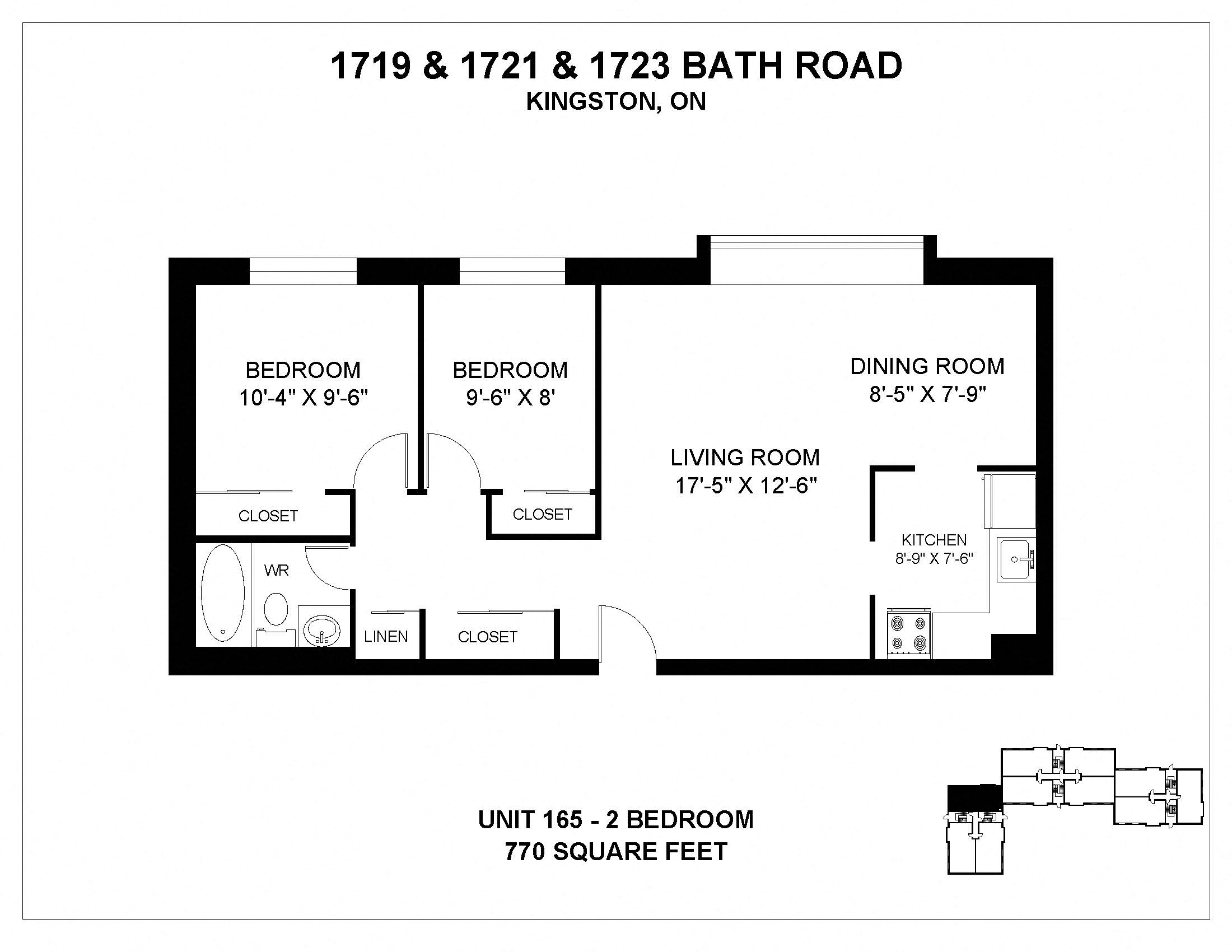 Floor plan for 2 beds, 1 bath, 770 sqft
